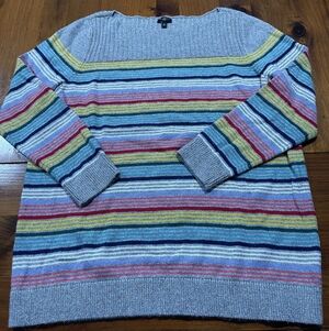 Talbots Womens Grey Multi Color Striped Cozy Ribbed Crewneck Sweater Size 1X